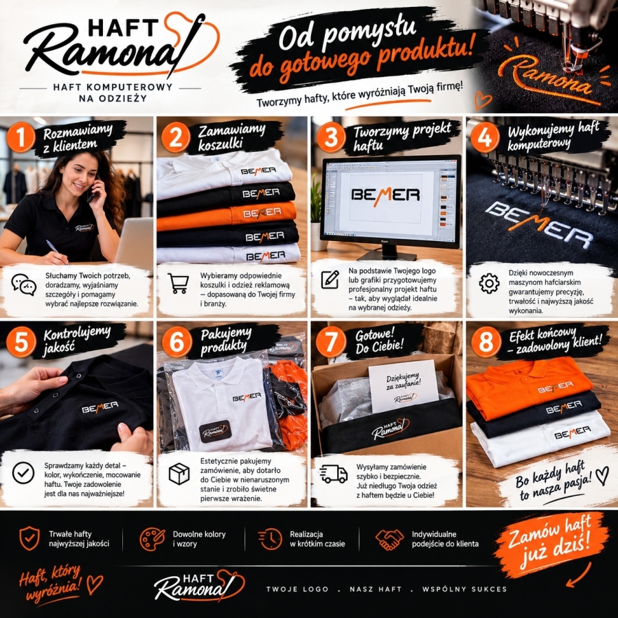 🧵 Jak powstaje haft, który wyróżnia Twoją firmę? 🧡

Za każdym gotowym haftem kryje się pomysł, zaangażowanie i precyzyjna praca. W Haft Ramona dbamy o każdy etap realizacji, aby odzież z Twoim logo prezentowała się profesjonalnie i wyjątkowo!

Jak wygląda nasza praca krok po kroku?

🧡 1. Rozmawiamy z Tobą – poznajemy Twoje potrzeby, pomysły i oczekiwania.

👕 2. Zamawiamy odzież – dobieramy odpowiednie koszulki, bluzy lub inne produkty do Twojego zamówienia.

🎨 3. Tworzymy projekt hafciarski – przygotowujemy logo lub grafikę tak, aby haft wyglądał jak najlepiej na wybranej odzieży.

🪡 4. Wykonujemy haft komputerowy – z precyzją przenosimy projekt na materiał, dbając o każdy szczegół.

✅ 5. Sprawdzamy jakość – kontrolujemy wykonanie, estetykę i wykończenie każdego produktu.

📦 6. Pakujemy zamówienie – starannie przygotowujemy gotowe produkty, aby bezpiecznie dotarły do Ciebie.

✨ I gotowe! Twoja odzież z indywidualnym haftem jest przygotowana do pracy, promocji lub wyjątkowego prezentu.

W Haft Ramona wierzymy, że nawet najmniejszy detal ma znaczenie. Dlatego tworzymy hafty, które pomagają firmom budować rozpoznawalność i podkreślać własny styl.

Masz pomysł na własny haft? Zrealizujmy go razem! 🧡

📩 Napisz do nas w wiadomości prywatnej na Facebooku. Porozmawiamy o Twoim pomyśle i przygotujemy ofertę dopasowaną do Twoich potrzeb.

🧵 Haft Ramona – Twój pomysł, nasz haft!

#HaftRamona #HaftKomputerowy #HaftNaOdzieży #OdzieżFirmowa #PersonalizowanaOdzież #HaftZLogo #PolskaFirma